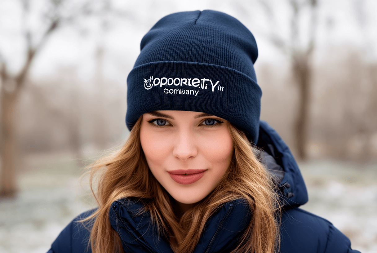 Modèle portant un bonnet personnalisé en extérieur.